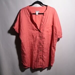 Coral‎ Pink 100% Linen Button Up Top Collarless Lagenlook Womens XL Short Sleeve